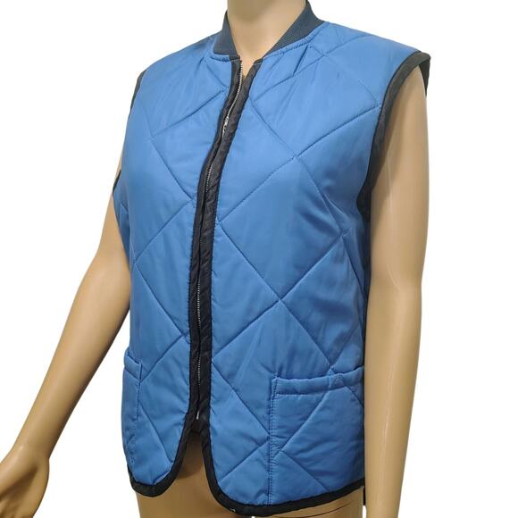 70s Blue Vintage Sears Work Leisure Zip Up Quilted Vest Pockets Size Small Mens - Picture 2 of 8